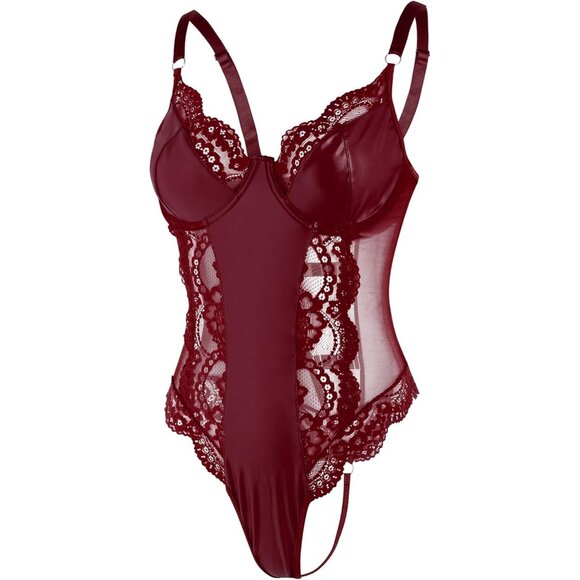 Sexy Leather Red Underwire Push Up Corset Lingerie Women Teddy Bodysuit Top - Picture 5 of 6